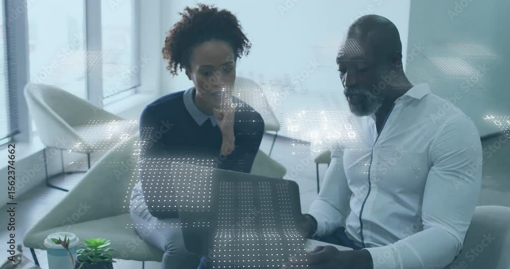 Poster upon man leaning in and pointing at data woman observing holographic data animating for it meeting