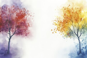 Fototapeta premium Watercolor Symphony A Pair of Autumnal Trees in Radiant Hues, Watercolor Art
