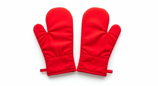 two pairs of red comfortable oven mitts in white background