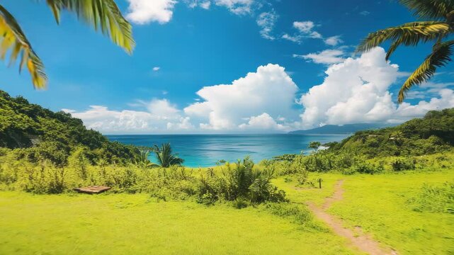 A path leading to the ocean with palm trees in the fore