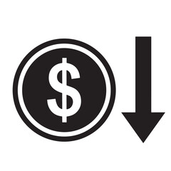 Flat black silhouette of dollar coin with downward arrow, symbolizing currency crash and financial collapse — The Fall of the US Dollar