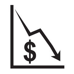 Flat black silhouette of line chart with dollar sign and descending curve, symbolizing falling exchange rate and currency value — The Fall of the US Dollar