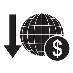 Flat black silhouette of downward arrow piercing globe and dollar sign, symbolizing global currency weakness and financial decline — The Fall of the US Dollar