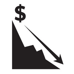 Flat black silhouette of falling graph with dollar sign, symbolizing investor loss, US Dollar depreciation, economic decline — The Fall of the US Dollar