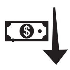 Flat black silhouette of shrinking dollar bill with downward arrow, symbolizing currency depreciation and economic decline — The Fall of the US Dollar