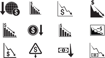 Set of flat black vector silhouettes representing the fall of the US Dollar, financial crash, depreciation, investor loss, and economic collapse