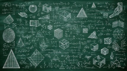 Mathematical formulas, geometric shapes including cubes, spheres, pyramids covering green chalkboard surface, representing educational scientific concept
