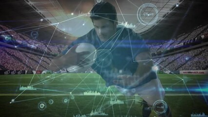 Male rugby athlete grabbing ball starting sprint across pitch to score with network overlays moving - Powered by Adobe