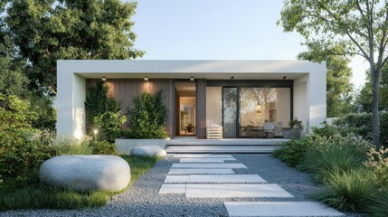 Modern minimalist house exterior showcasing a landscaped garden, pathway, and open plan living area, bathed in natural daylight, creating a serene and inviting atmosphere