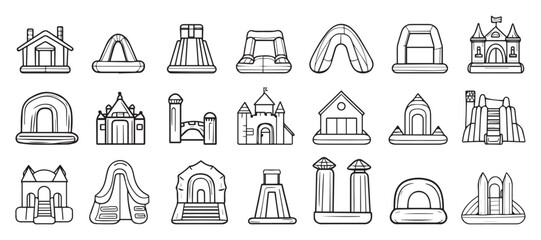 Inflatable bouncy house icons set. Various inflatable structures, including bouncy houses and castles, offer exciting playtime for kids. Inflatable Playground Structures Icons Set for Fun Illustration