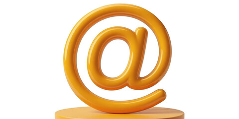 Obraz premium An orange at symbol stands on a matching pedestal against a solid black studio background in a render