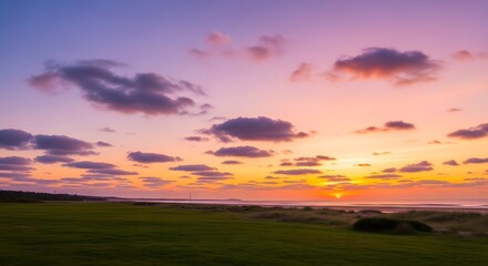 Vibrant sunset scene over coastal landscape featuring colorful sky and clouds reflecting on ocean water. Green grass field in the foreground creating a serene and tranquil atmosphere.