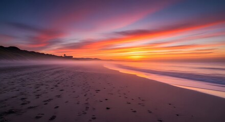 Vibrant sunset over a sandy beach with gentle waves. A hazy mist blankets the shoreline as the sky explodes with orange pink and purple hues. Silhouette of buildings in the distance.