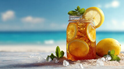 Iced tea with lemon slices and mint leaves on a summer beach – Ideal for refreshing beverage promotions, summer parties, or outdoor lifestyle content. High quality