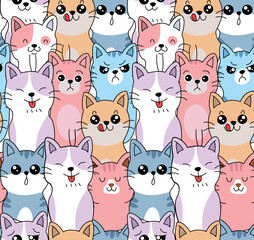 illustration cute cats vector seamless pattern, colorful pretty wallpaper for kids 