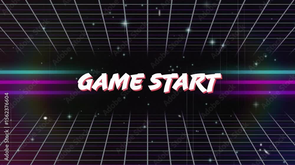 Poster game start graphic zooming into frame starting grid emerging neon stripes pulsing for game intro