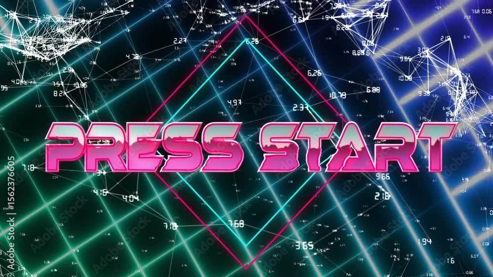 Poster tilted neon grid starting pink 3d press start rotating while diamond pulsing inviting interaction