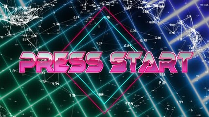 Tilted neon grid starting pink 3D PRESS START rotating while diamond pulsing inviting interaction - Powered by Adobe