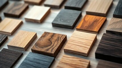 This footage showcases an array of wood samples, highlighting different textures and shades. Perfect for design inspiration and woodworking enthusiasts. Generative AI