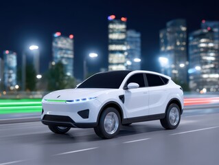 Modern Electric SUV in Motion on a City Road at Night with Urban Skyline and Colorful Lights