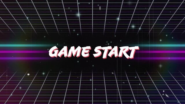 Game Start graphic zooming into frame starting grid emerging neon stripes pulsing for game intro
