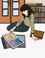 A young woman reading art books on the floor in a cozy library room 
