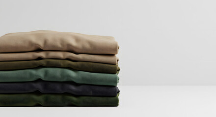 A stack of folded t-shirts in various muted colors against a plain background.