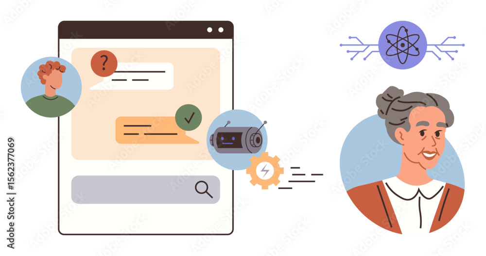 Poster chat interface with messages, bot reply indicator, user avatars, gears, and atom icon for ai. ideal 