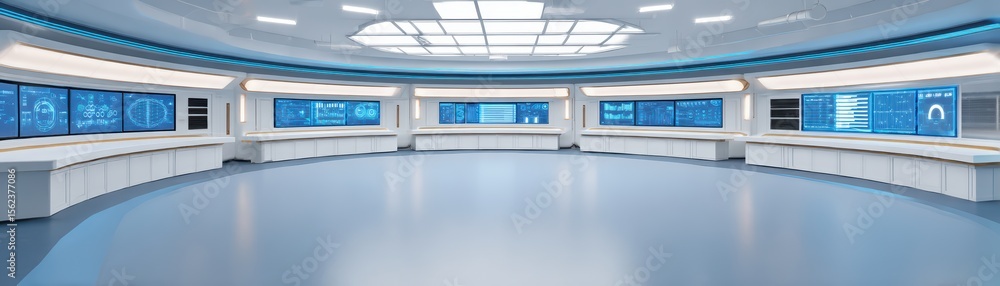 Poster sleek modern futuristic interior of a high-tech data control room with screens displaying informatio