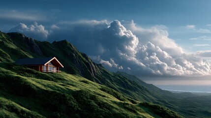 Obraz premium A cozy wooden house sits on a lush green hillside, beneath a dramatic cloud-filled sky, offering a peaceful retreat and scenic escape.