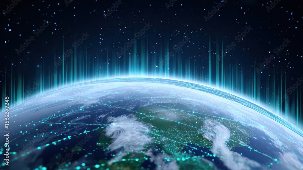 Poster stunning aerial view of earth from space with digital network lines and stars in the background