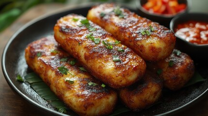 Grilled paneer sticks, spicy sauce, close-up, kitchen setting, food blog