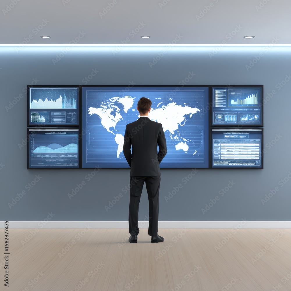 Poster business professional analyzing data visualizations on digital screens in modern office environment