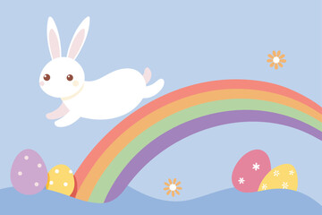 Fototapeta premium create a bunny sliding down a pastel rainbow into a field Easter poster