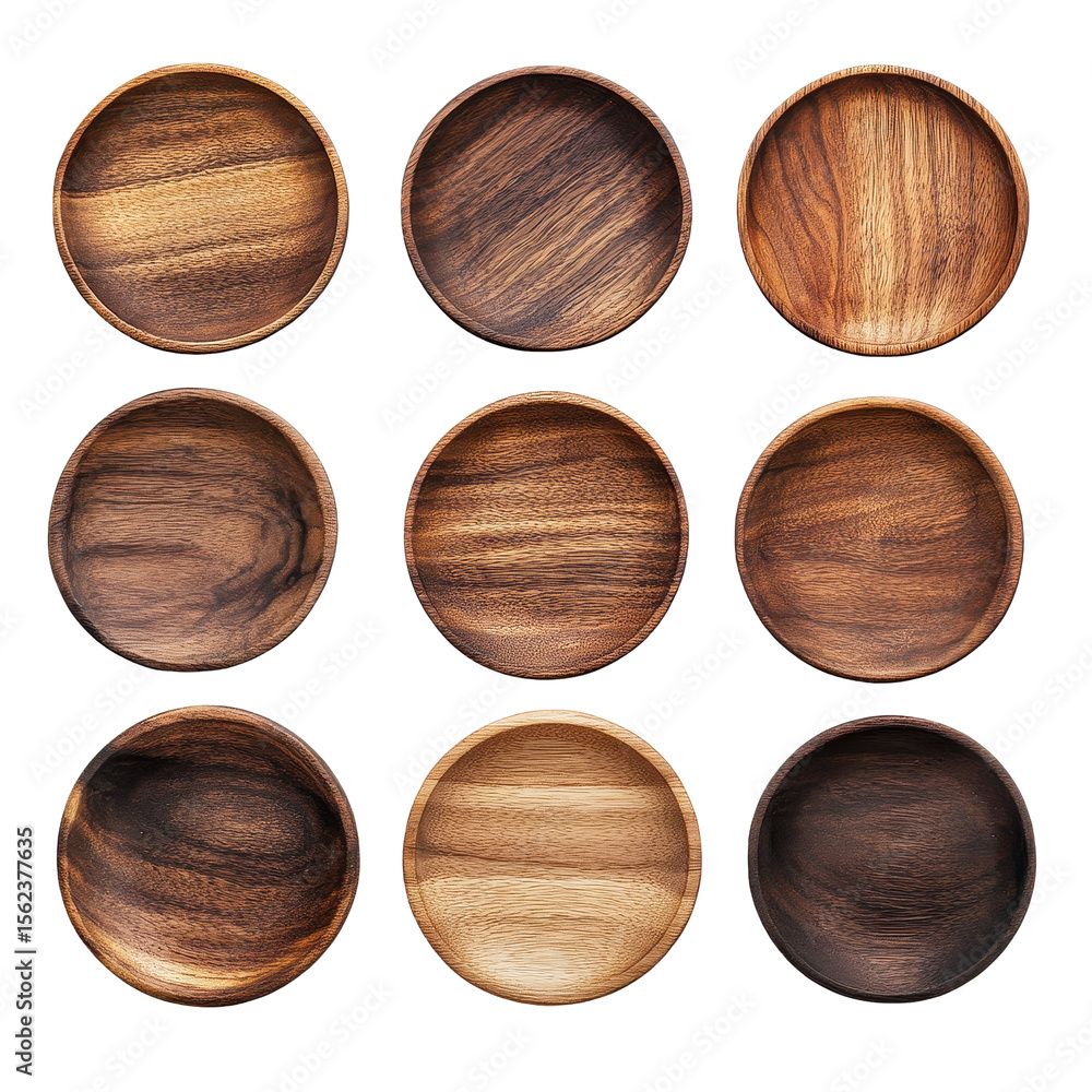 Poster isolated empty wooden plates arranged on a white background for display and design purposes, empty w