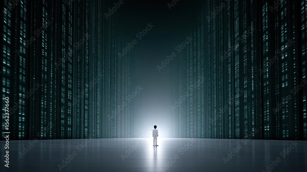 Aufkleber person standing alone in a futuristic data center surrounded by glowing digital columns and dark atm