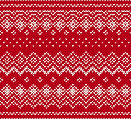 Christmas knit background with snowflakes. Holiday seamless pattern. Festive winter ornament. Knitted sweater print. Xmas geometric border. Fair isle traditional texture. Vector.