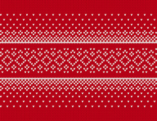 Christmas print geometric ornament. Red knit seamless pattern. Xmas winter knitted sweater texture. Holiday fair isle traditional background. Festive crochet. Vector illustration