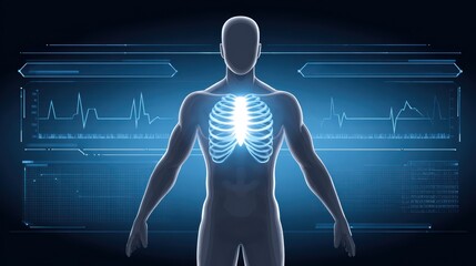 Human Anatomy Model with Visible Rib Cage and Heartbeat Visualization in a Digital Environment