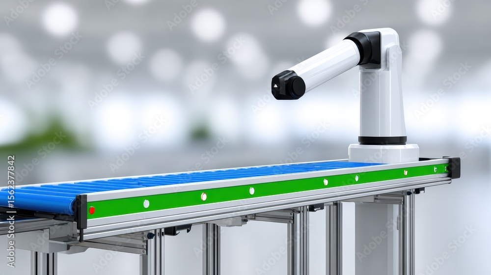 Aufkleber robotic arm and conveyor system in modern industrial warehouse with soft focus background for automa