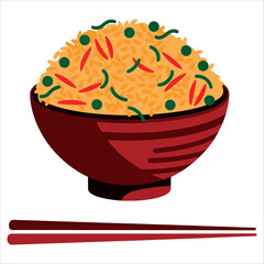 Fried rice in bowl with chopsticks vector art. Flavorful Asian dish illustration ideal for restaurant promotions and culinary tourism themes.
