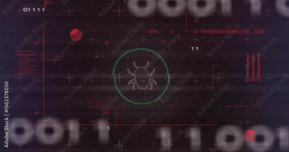 Poster dark hex grid fading into view causing insect reticle pulsing, circuits animating, binary streaming