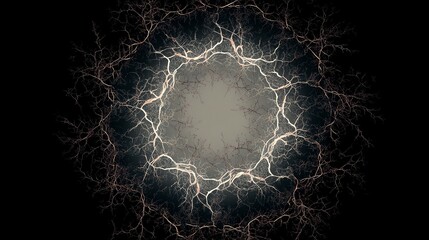 A complex, glowing network of interconnected white neural-like branches forming a circular pattern against a dark background.