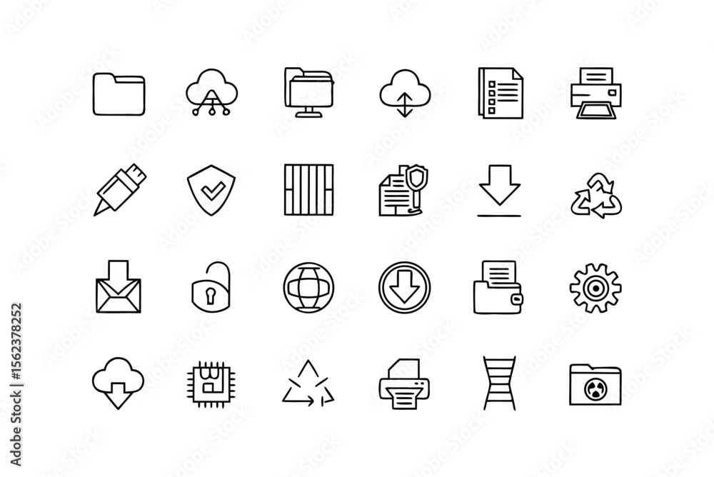 Poster set of minimalist outline icons for data security and technology