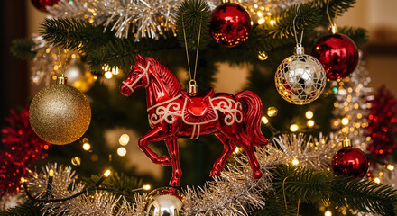 Red horse ornament on festive Christmas tree with sparkling lights and shiny baubles. Holiday decoration for winter celebration.