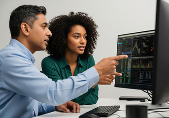 Two colleagues, a man and a woman, are working together in an office setting, intently focused on data displayed on a computer monitor. 