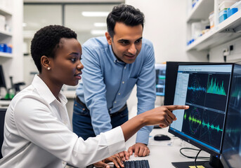 A Black woman and a man of South Asian descent, both dressed in lab attire, are engrossed in data analysis on a computer screen in a modern laboratory setting. 