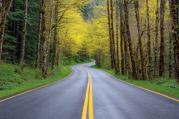 Fototapeta premium Spring road winding through vibrant yellow trees under a blue sky filled with passing clouds, spring road and passing clouds time leps