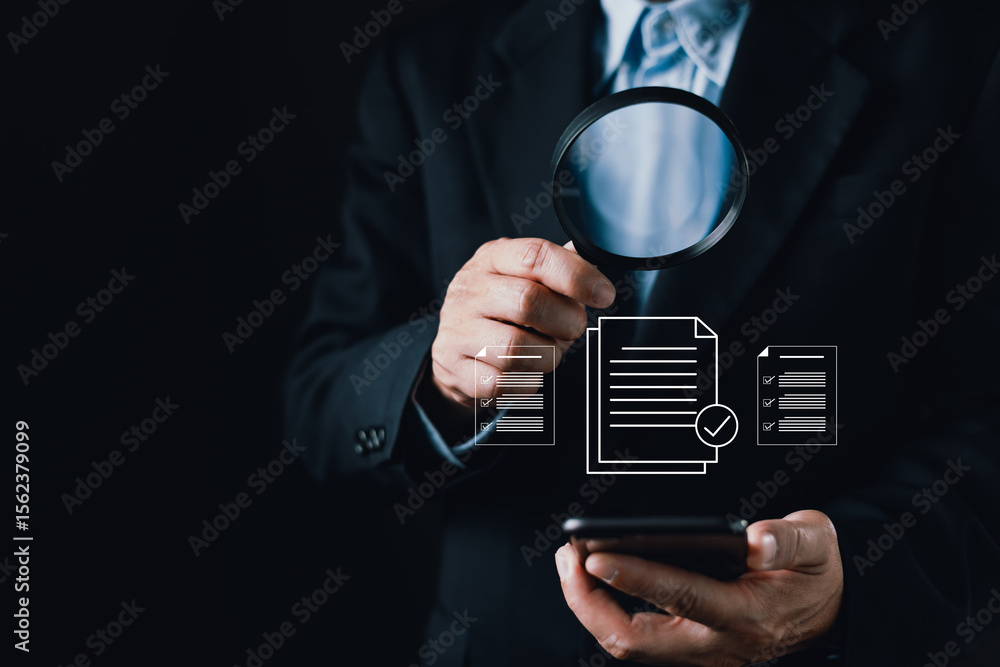 Poster a businessman uses a magnifying glass and smartphone while digital document icons appear, symbolizin