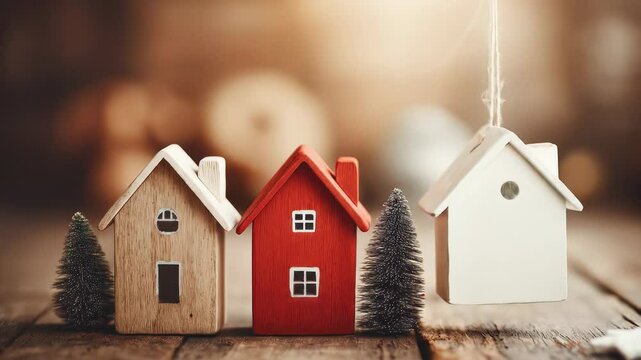 A model of two wooden houses with a third one being placed, symbolizing the growth of real estate.